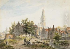 A Dutch Town View With Figures Conversing by Bartholomeus J. Van Hove
