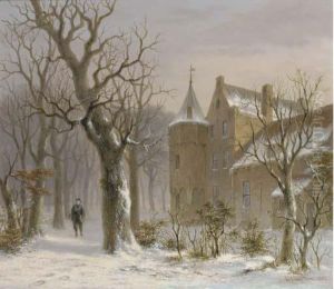 Sportsman In A Snowy Forest By A Castle by Bartholomeus J. Van Hove