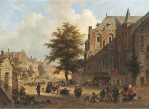 A Town Scene With Figures On A Market Square