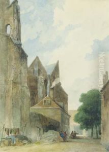 Figures By A Church In A Dutch Town by Bartholomeus J. Van Hove