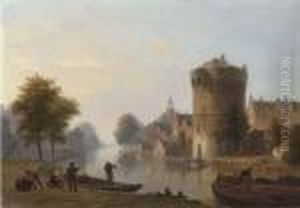 Figures By A Dutch Canal by Bartholomeus J. Van Hove