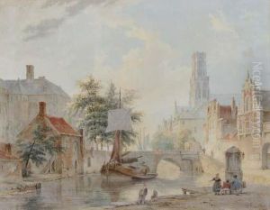 A View In Deventer (?) With A Moored Barge On A Canal