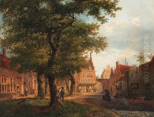 A Village Square With Villagers Conversing Under Trees - view 1