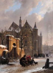 A Capricio View With Figures Leaving A Church In Winter