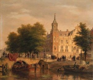 A Sunlit Townview With Figures Gathered On A Square Along Acanal