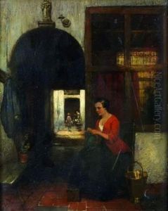 Femme Cousant Dans Une Cour Interieure