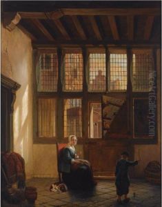 Mother And Child Playing Top In An Interior by Hubertus, Huib Van Hove