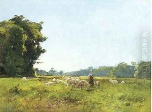 A shepherdess with her flock in a summer meadow