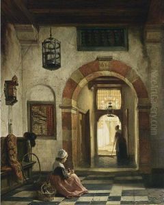 Interior With A Maid Feeding A Pigeon by Hubertus, Huib Van Hove