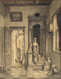 A Mother And Child In The Hallway Of A House, A Dog Nearby