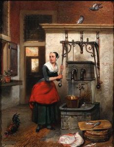 A Maid In A Courtyard Tapping Water From A Well by Hubertus, Huib Van Hove