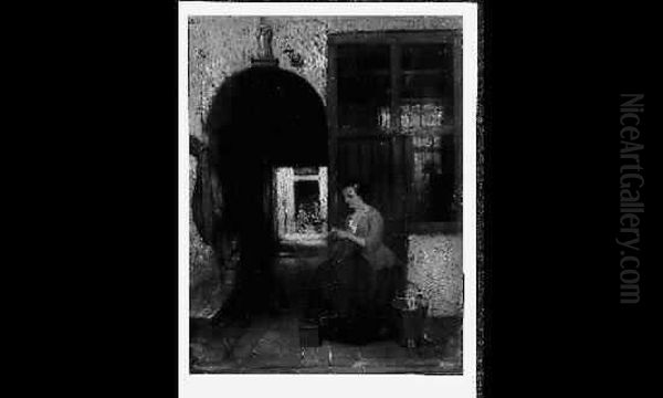La Jeune Femme Tricotant Dans Une Cour De Maison Hollandaise. - view 1