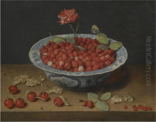 A Still Life Of Wild
Strawberries And A Carnation In A Ming Bowl, With Cherries And
Redcurrants On A Wooden Ledge - view 1