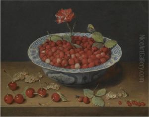 A Still Life Of Wild 
Strawberries And A Carnation In A Ming Bowl, With Cherries And 
Redcurrants On A Wooden Ledge