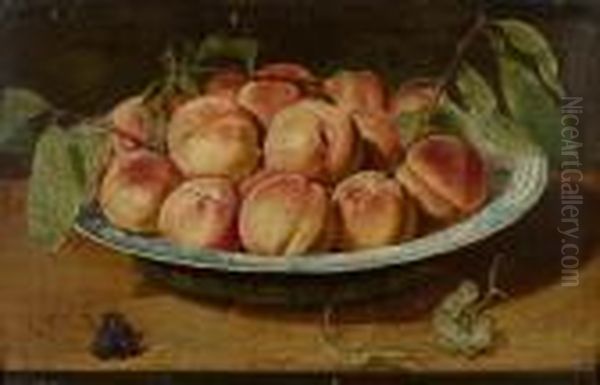 Still Life With Peaches In A Blue And White Porcelain Bowl On Atable. - view 1