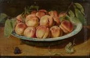 Still Life With Peaches In A Blue And White Porcelain Bowl On Atable. Still Life With Peaches In A Blue And White Porcelain Bowl On Atable.