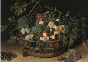Still Life With Peaches,
Apricots, Plums, Greengages And Grapes Ina Wicker Basket On A Wooden
Tabletop by Jacob van Hulsdonck