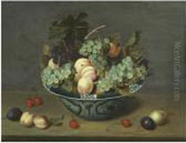 Still Life With Peaches And
White And Red Grapes In A Chinese Wan-li Porcelain Bowl On A Ledge With
Plums, Cherries And Apricots - view 1