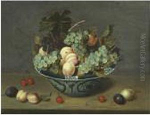 Still Life With Peaches And
White And Red Grapes In A Chinese Wan-li Porcelain Bowl On A Ledge With
Plums, Cherries And Apricots by Jacob van Hulsdonck