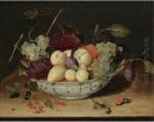 Still Life With Grapes, Peaches,
 Plums And Other Fruit In A Blue And White Porcelain Bowl, Redcurrants 
And Hazelnuts Scattered On The Wooden Ledge Below by Jacob van Hulsdonck
