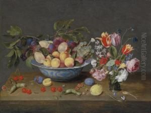 Apricots, Plums And Grapes In A Bowl And Strewn On A Ledge, With A Vase Of Flowers by Jacob van Hulsdonck