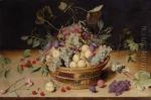 Plums, Grapes, Peaches And 
Cherries In A Basket And Strewn On A Ledge With Carnations And A 
Butterfly by Jacob van Hulsdonck
