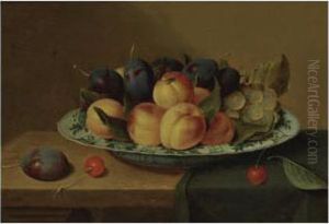 A Still Life Of Apricots And
Plums In A Wan-li Porcelain Bowl Together With Cherries, All On A
Table-top Partly Draped With A Green Cloth by Jacob van Hulsdonck