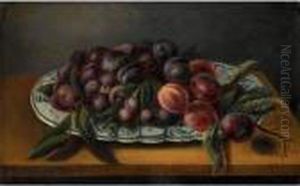 Still Life With Plums In A Porcelain Bowl On A Wooden Table by Jacob van Hulsdonck