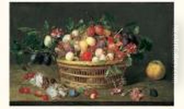 Nature Morte De Prunes, 
Quetsches Et Abricots Dans Un Panier D'osier Pose Sur Un Entablement 
Pres De Cerises, Roses Et OEillets - view 1