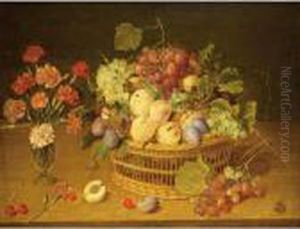 A Still Life Of Fruit In A Basket And Flowers In A Vase