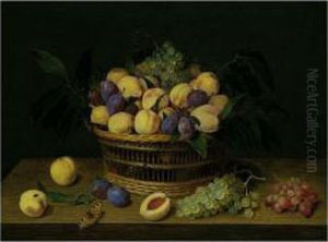 A Still Life Of Plums, Peaches
And Grapes In A Basket, On A Table, With A Tortoise-shell Butterfly A Still Life Of Plums, Peaches
And Grapes In A Basket, On A Table, With A Tortoise-shell Butterfly