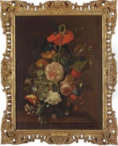 Marigolds, Peonies, Sweetpeas, 
Thistle, A Rose, An Iris And Other Flowers In A Glass Vase On A Ledge 
With A Snail