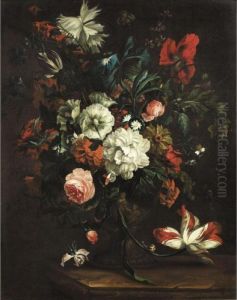 Still Life Of Roses, Peonies,
Morning Glory And Other Flowers In A Sculpted Urn On A Stone Ledge by Justus van Huysum