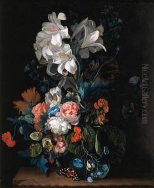 Lilies, Roses, Carnations And 
Other Flowers In A Glass Vase On Astone Ledge With A Butterfly - view 1