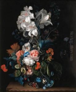 Lilies, Roses, Carnations And
Other Flowers In A Glass Vase On Astone Ledge With A Butterfly by Justus van Huysum