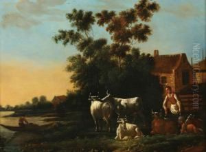 Farmhouse Near Ariver, In The Foreground A Farmer's Wife Milking The Cows by Ferdinand van Kessel