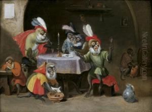 Reunion De Singes Buvant Et Fumant by Ferdinand van Kessel