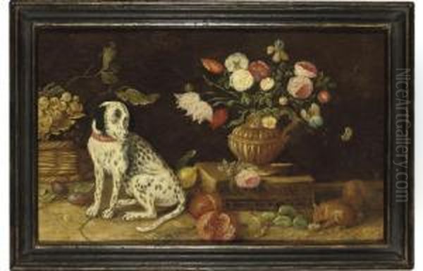 A Dog Seated Next To A Basket Of
Gooseberries, With Tulips, Irises And Other Flowers In A Classical Urn
On A Book With Plums, Pomegranates, Greengages, Lemons And A Squirrel - view 1
