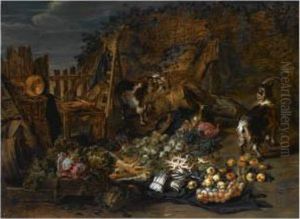 A Still Life Of Cabbages, 
Carrots, Asparagus, Onions, Pears And Apples Outside A Ruined Barn, 
Together With Two Goats And Three Rabbits