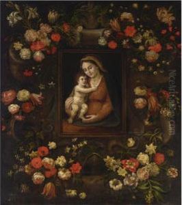 The Madonna And Child Placed In A
 Stone Ornament Surrounded By Tulips, Roses, Daffodils, Lilies And Other
 Flowers