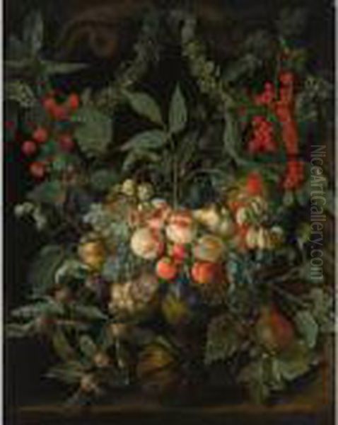 A Still Life With A Garland Of 
Peaches, Pears, Melons, Plums, Apricots, Grapes, Apples, Berries And 
Cherries, Together With Ivy And Gooseberries, All In A Stone Niche - view 1