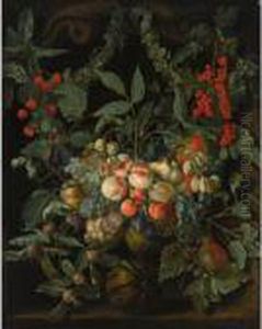 A Still Life With A Garland Of 
Peaches, Pears, Melons, Plums, Apricots, Grapes, Apples, Berries And 
Cherries, Together With Ivy And Gooseberries, All In A Stone Niche