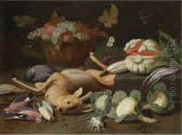 Still Life With A Basket Of
Fruit, Cauliflowers, A Melon, Leeks, Radishes And Other Vegetables,
Together With A Deer And Songbirds - view 1