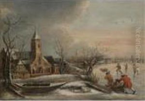 A Winter Scene With Figures Skating A Church In The Distance by Jan van Kessel
