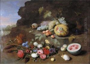 A Still Life With A Posy Of 
Flowers, A Squirrel, Guinea Pigs, Grapes, A Melon And A Watermelon
