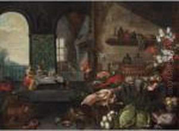 A Kitchen Still Life With A Ham 
And Herring On Silver Plates, A Sugar Jar, A Lobster, Bread, Pheasants, 
Apples, Flowers In A Vase, And Two Glass Bottles In A Silver-gilt Bow, 
All On A Table, Together With A Peacock, A Bunch Of Turnip-rooted 
Seller - view 1
