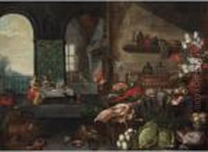 A Kitchen Still Life With A Ham 
And Herring On Silver Plates, A Sugar Jar, A Lobster, Bread, Pheasants, 
Apples, Flowers In A Vase, And Two Glass Bottles In A Silver-gilt Bow, 
All On A Table, Together With A Peacock, A Bunch Of Turnip-rooted 
Seller