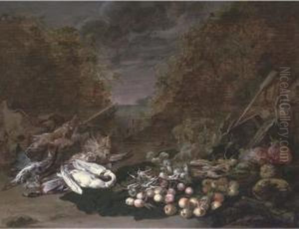 A Swan, A Mallard, A Bittern, Rabbits And Fruits And Vegetables, A Landscape Beyond - view 1