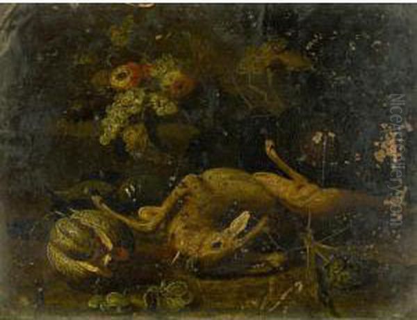 Still Life With A Deer, A Hound,
An Artichoke, A Melon, Grapes And Other Fruit Together In A Landscape - view 1