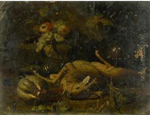 Still Life With A Deer, A Hound,
An Artichoke, A Melon, Grapes And Other Fruit Together In A Landscape by Jan van Kessel